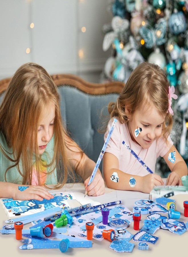 Faccito 84 Pcs Winter Party Favors Snowflake Party Supplies Winter Wonderland Stationery Set Notebook Sticker Stamper Eraser Ruler Pencil for Christmas Baby Shower Birthday Gift Prize - Image 4